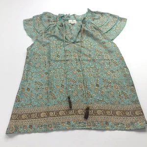 Perry Walker 2 Silk Blend Smock Peasant Top Blouse Tassel Green HRJ - Picture 1 of 10