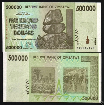 Zimbabwe 500000 P-76 2008 x 1 pcs ZA Rare REPLACEMENT UNC World Currency NOTE Foto 1 de 4