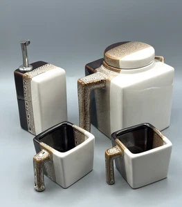 Pier 1 Tri Color Glazed Brown Stoneware Square Espresso Set 2 Small Mugs &Creame - Picture 1 of 12