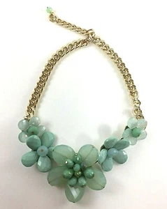 Statement Necklace Beaded Flower Green Floral w/ Gold Color Chain Boho Romantic - Picture 1 of 7