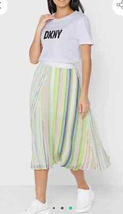 DKNY Crinkle Chiffon Stripe Print Flutter Hem Pull-On A-Line Midi Skirt Size S - Picture 1 of 14