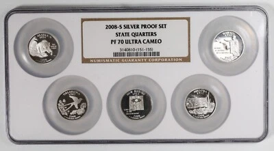 2008 S NGC PF70 ULTRA CAMEO SILVER PROOF 5 COIN STATEHOOD QUARTER SET 25C - Image 1 of 2