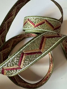 Vintage Olive & Gold Chevron Jacquard Brocade Ribbon 3/4" wide -2 Yards- - Picture 1 of 3