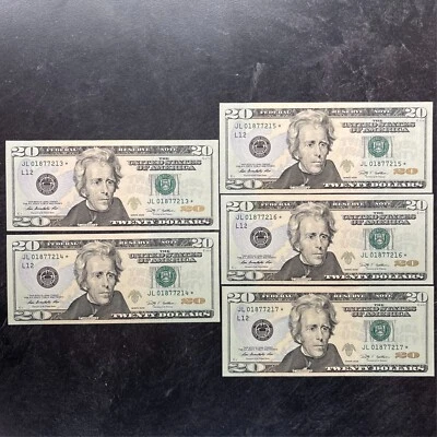5 2009 $20 CONSECUTIVE UNITED STATES STAR * REPLACEMENT BILLS $100 FACE - Image 1 of 4