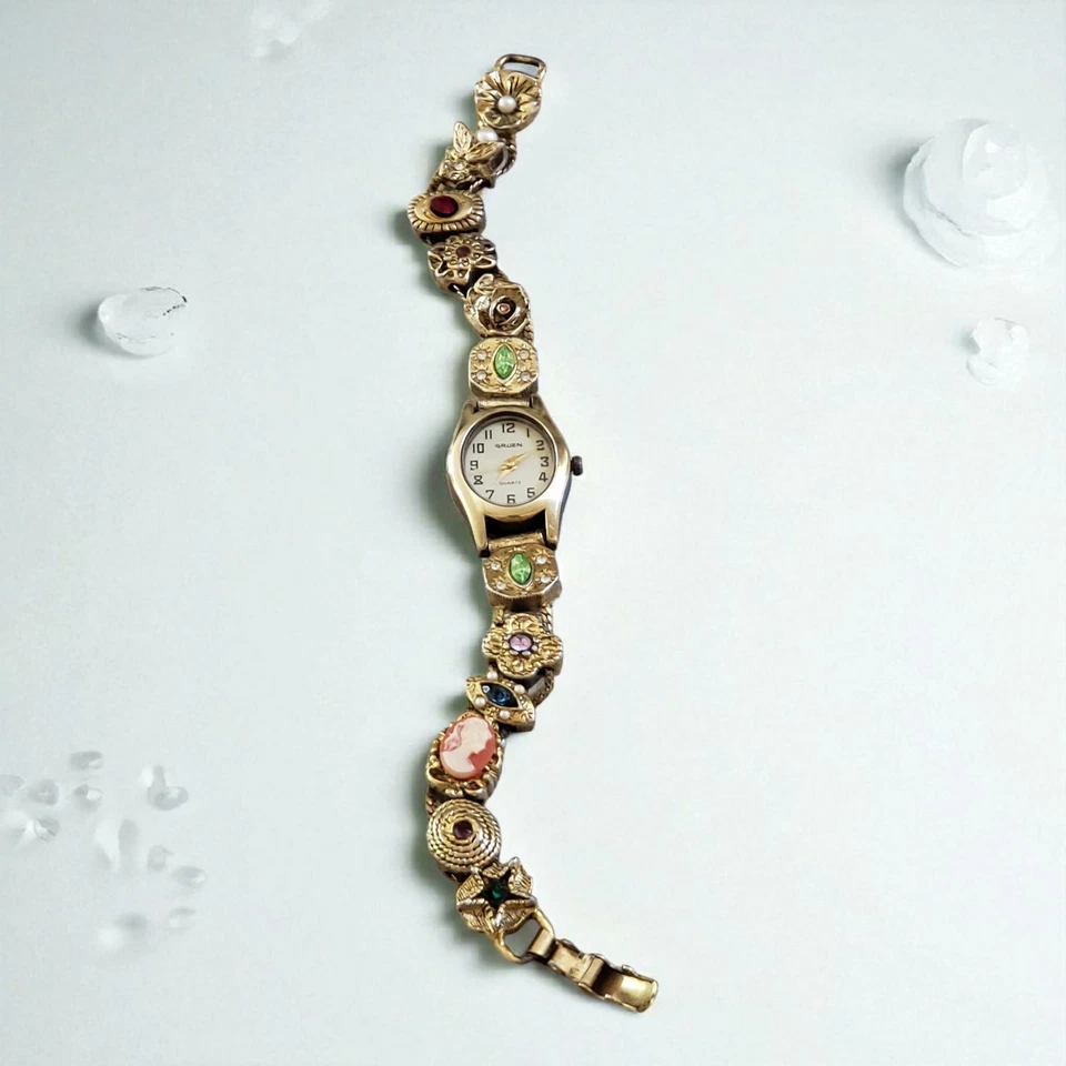 Reloj Pulsera Cuarzo Chapado en Oro Vintage Gruen Slide Charm Swiss Movt 7.25" Foto 1 de 4