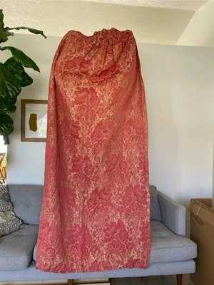 Vintage Pleated Jacquard Drapes Pair 19x82 Floral Damask Pink - Image 1 of 4