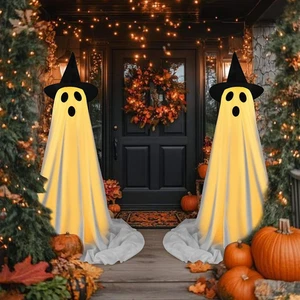Spooky Ghost Decorations with Witch Hat & LED Lights - 2 Pack Halloween Decor - Picture 1 of 12