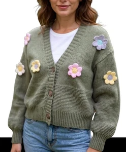 Cárdigan de punto verde oliva con flores de ganchillo pequeño Davi & Dani para mujer - Imagen 1 de 10