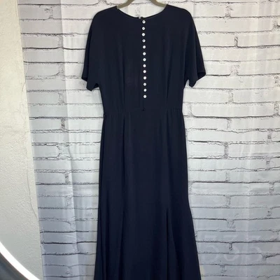 Dana Buchman Navy Blue 100% Silk Maxi Dress 1/4 Button Up Short Sleeve Size 8 - Image 1 of 4