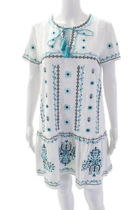 Tyler Boe Damen besticktes A-Linien Kleid weiß türkis blau Baumwolle Größe Small - Bild 1 von 6
