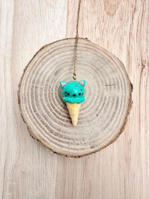 Mini Kawaii Cat Ice Cream Cone Necklace – Handmade Polymer Clay Necklace - Image 1 of 4