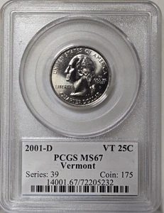2001-D 25C PCGS MS67 - Clad Vermont Quarter - Picture 1 of 2