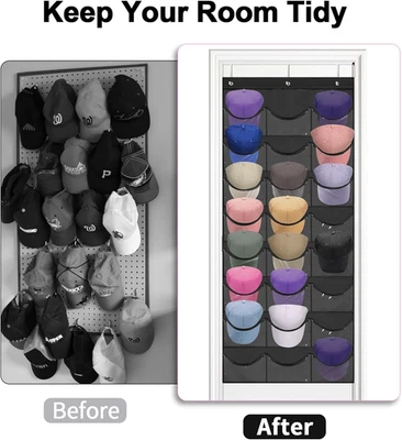 Hat Rack for Baseball Caps, 24 Pocket Over the Door Hat Organizer with 3 Hook... - Image 1 of 4