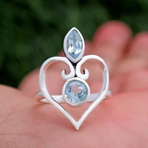 Natural Blue Topaz Sterling Silver Heart Ring Promise Jewelry Gift S-7 - Picture 1 of 6