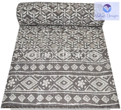 Indian Reversible Block Kantha Quilt Grey Queen Blanket Throw Art - Image 1 of 4