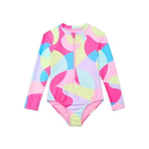 Wonder Nation Swimsuit Girls 10-12 ong Sleeve Zip-Up Rash Guard One-Piece --L4- - Picture 1 of 3