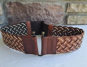 Braided Leather Belt Medium Wide Elastic Back 80's Boho Peasant Festival Whimsy - Picture 1 of 15