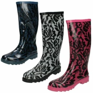 Mujer Spot On Invierno Estampado Encaje Detalle Botas de Agua X1R103 - Picture 1 of 19