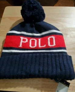 Polo Ralph Lauren POLO USA Pom Pom Beanie Hat, Ski Cap Blue Winter NWT Men's - Picture 1 of 7