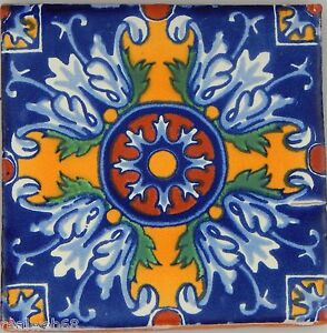 C290- Mexican Handmade Talavera Clay Tile Folk Art 4x4"  Handpainted