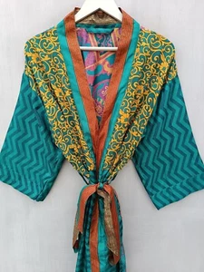 Summer Sari Silk Kimono Recycled Beach Party Gown Plus Size Floral Robe, B-2439 - Picture 1 of 7