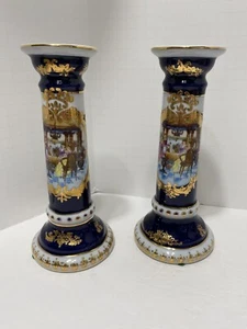 Par de Candelabros P.R.G de Colección Limoges L.F Fina Porcelana Fina P.R.G Azul Cobalto - Imagen 1 de 11