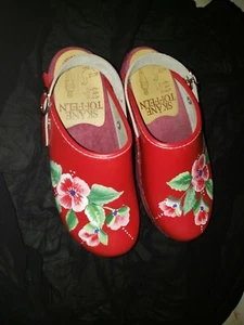 Skane Toffeln Wooden Clogs Shoes Sweden Size 34 floral Red Hand Painted - Picture 1 of 6