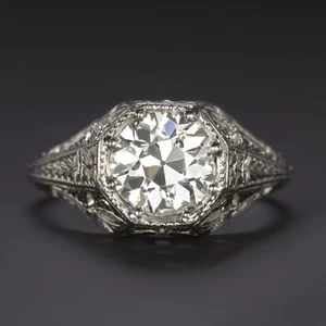 1.5ct OLD EUROPEAN CUT DIAMOND ENGAGEMENT RING PLATINUM ART DECO FLORAL ENGRAVED - Picture 1 of 1