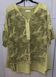 Free People Boho Tunika Damen Gr. M Oversize Grün Strick Open Weave Strand Top - Bild 1 von 8
