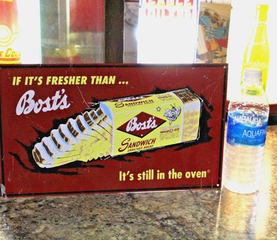 RARE 1950s BOST'S BREAD FRESHER THAN IN THE OVEN DEALER PAINTED METAL SIGN BEE - Image 1 of 4