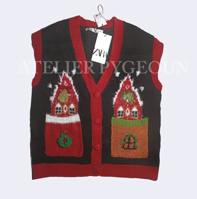NUEVO CON ETIQUETAS ZARA Casas de Navidad Tejido Suéter Chaleco Multicolor/Rojo 0021/113 Talla M-L Foto 1 de 4