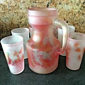 ART Glass PITCHER & 6 GLASSES, frosted & hand stained glass, Lovely! UNIQUE  - Picture 1 of 6