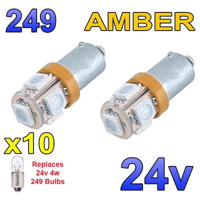 10 X 24V AMBER BA9s LED BULBS 249 SIDE LIGHT WEDGE HGV MAN VOLVO - Image 1 of 4