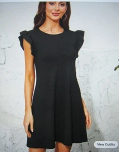 Schwarzes ausgestelltes Damenkleid mit Rüschenbesatz und Flügelärmeln Größe Medium - Bild 1 von 5