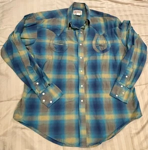 Tru-West ROCKMOUNT Ranch Wear Pearl Snap Cowboy Shirt Horse Shoes Men’s Large - Picture 1 of 6