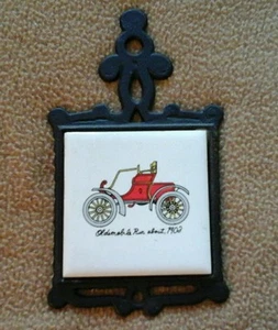 Vintage Trivet 1903 OLDSMOBILE Run About Automobile Auto Cast Iron Ceramic Tile - Picture 1 of 3