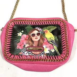 Nicole Lee Pink Faux Leather Tropical Parrot Print Baggette Purse w/ Chain Strap - Picture 1 of 10