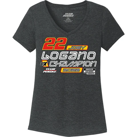 Joey Logano Women's NASCAR Cup Series Champion V-Neck Ladies Gray T-Shirt Cover