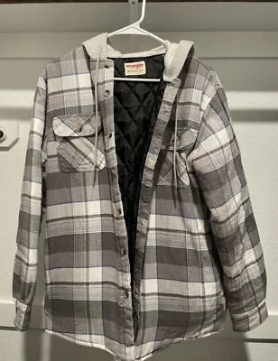 Chaqueta acolchada de franela Wrangler con capucha talla para hombre pequeña gris azul Foto 1 de 2