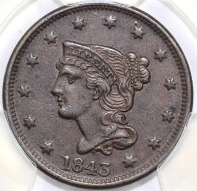 1843 1c Petite Head Small Letters N-8 Braided Hair Large Cent PCGS XF 45 - Image 1 of 4