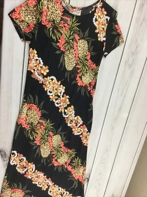 Hilo Hattie Floral Dress Size XS Black Lei Pineapples Flowers VTG Made In Hawaii - Image 1 of 4