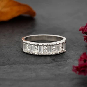 Baguette Cut Moissanite Diamond Eternity Wedding Band 14k White Gold Finish - Picture 1 of 6