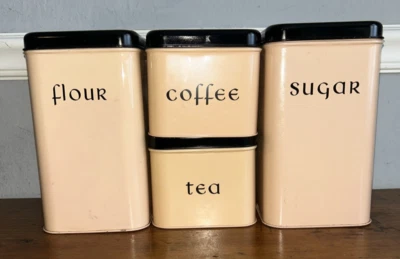 Juego de 4 botes Harvell Space Savers Mid-Century harina azúcar té café rosa de colección Foto 1 de 4