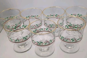 7 Vintage Libbey Weihnachten Stechpalme Beere Goldrand Wasserkelche Gläser Stielgläser 8 Unzen - Bild 1 von 5