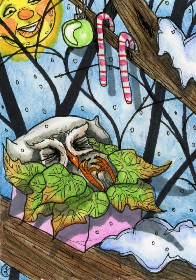1 ACEO Original, surreal owl "Waiting for Santa" painting!! - Image 1 of 1