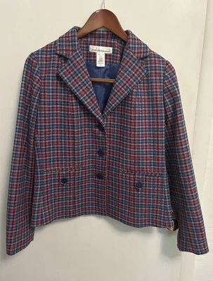 Jones New York Sport Blazer女式S羊毛混纺粉色/蓝色格子格子内衬 — 第 1/4 张图片