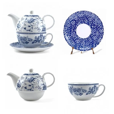 Vtg Porcelain Teapot Cup Saucer Set Blue Story Floral Tea for One England Queens - Image 1 of 4
