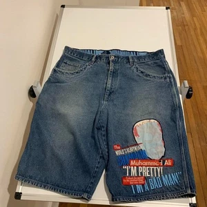 Platinum FUBU Denim Shorts Muhammad Ali Patchwork Jean Shorts Men’s 42 Y2K Grail - Picture 1 of 8