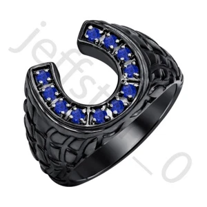 0.50 Ctw Lab Created Blue Sapphire 14K Black Gold Plated Horseshoe Men's Ring - Picture 1 of 6