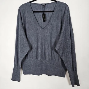 Express 100% Merino Wool V Neck Knit Mens XL Long Sleeve Gray Pullover Sweater - Picture 1 of 7